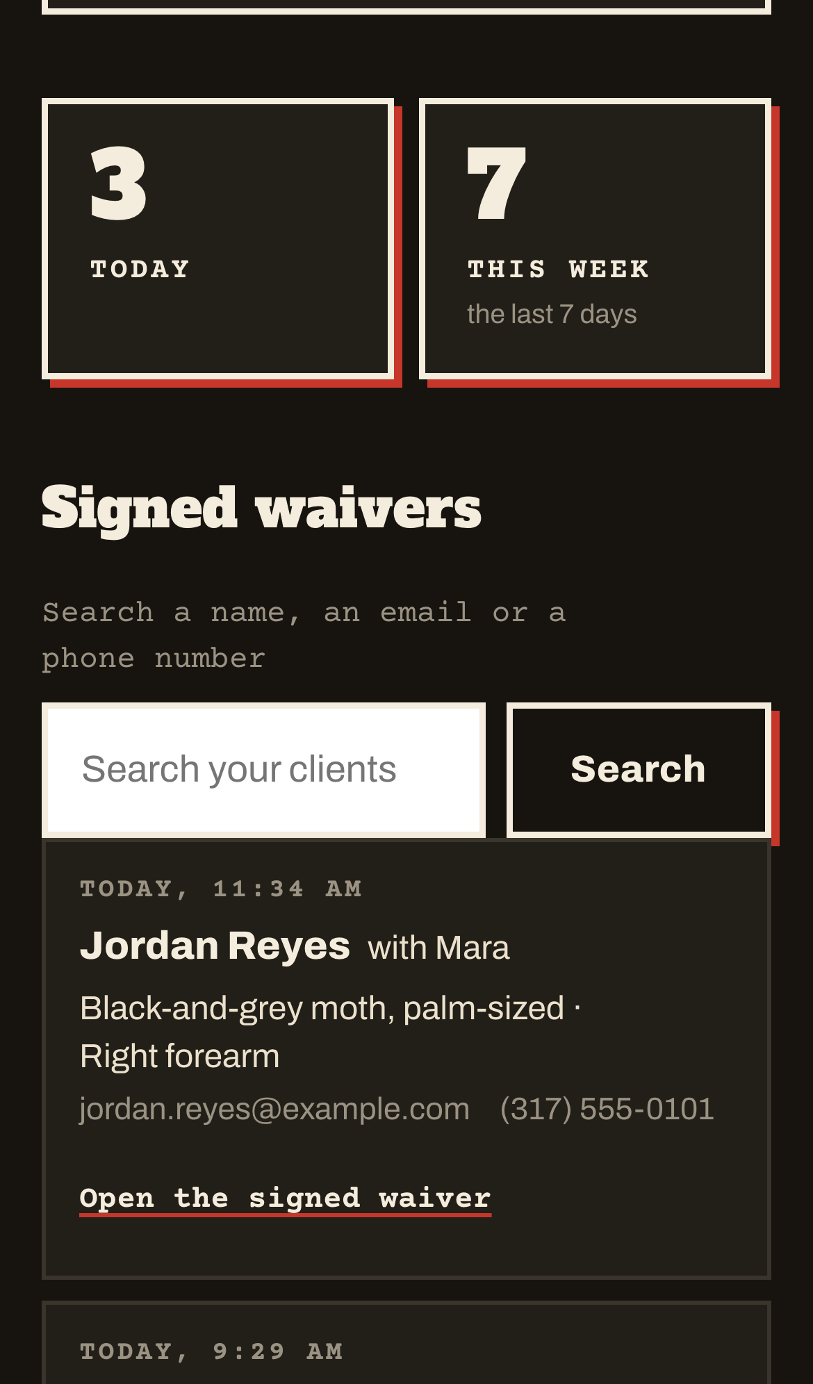 The shop dashboard on a phone: 3 waivers signed today, 7 this week, a search box, and the newest waiver with the client, the artist and a link to open the signed waiver