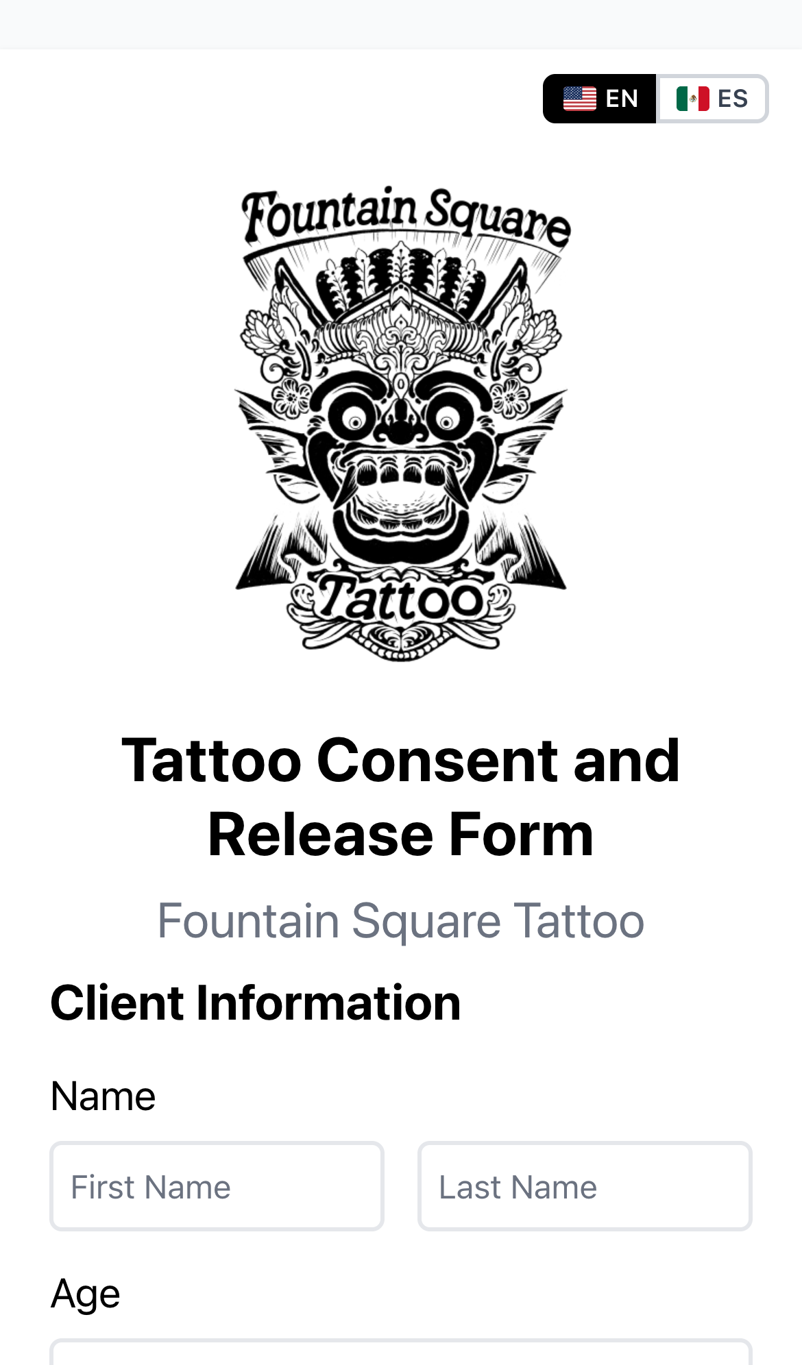 The waiver form on a phone at demo.waivers.tattoo: the shop's logo, then the client's name and contact fields